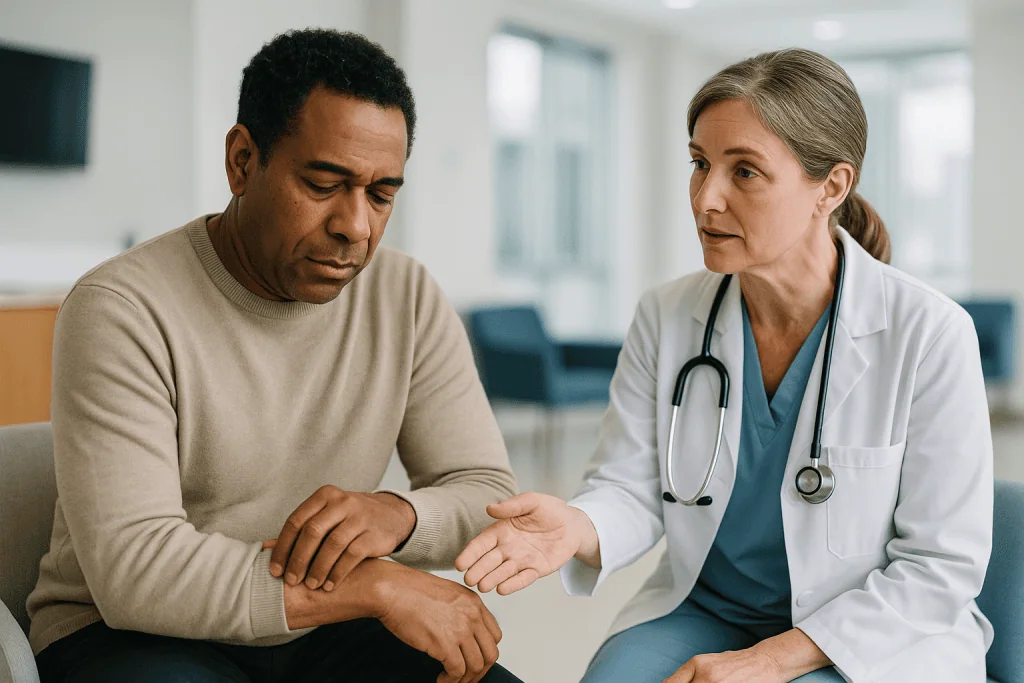 Doctor examining patient's arm during consultation: What actually happens in the skin during contact dermatitis