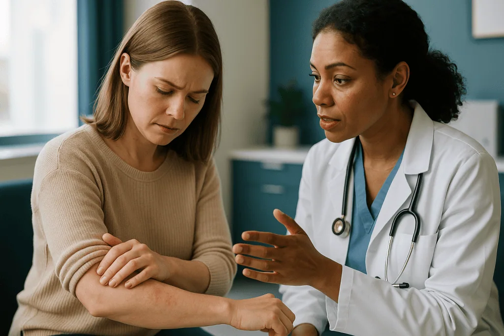 Female doctor examining patient's arm dermatitis: What actually happens in the skin: two different immune pathways