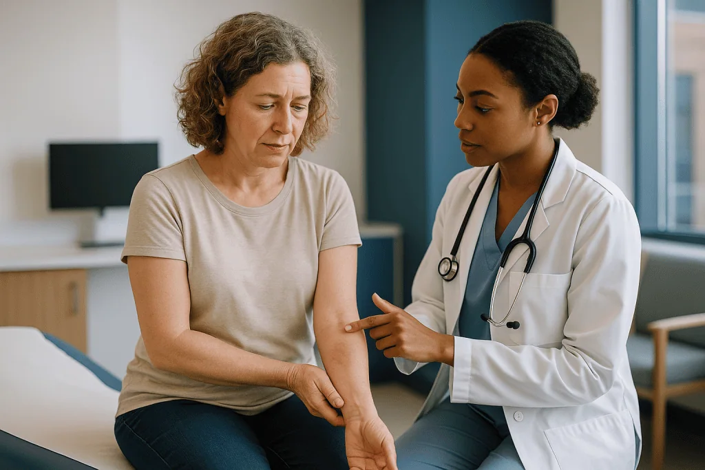 Doctor examining patient's arm during consultation: What actually happens in the skin when a hive forms