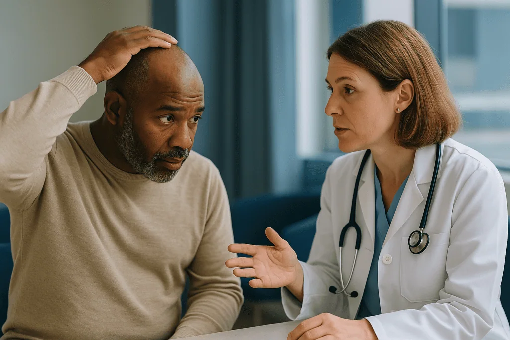 Doctor consulting with male patient about hair loss: What actually happens in the skin: yeast, oil and an over-eager immune 