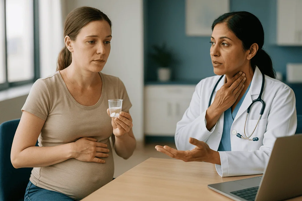 Pregnant woman consulting with female doctor about medication: What actually happens in treatment: surgery, radioactive iodi