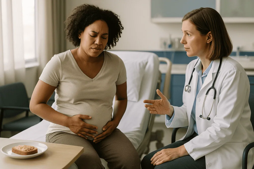 Pregnant woman consulting with female doctor in clinic: What actually happens in your body during food poisoning