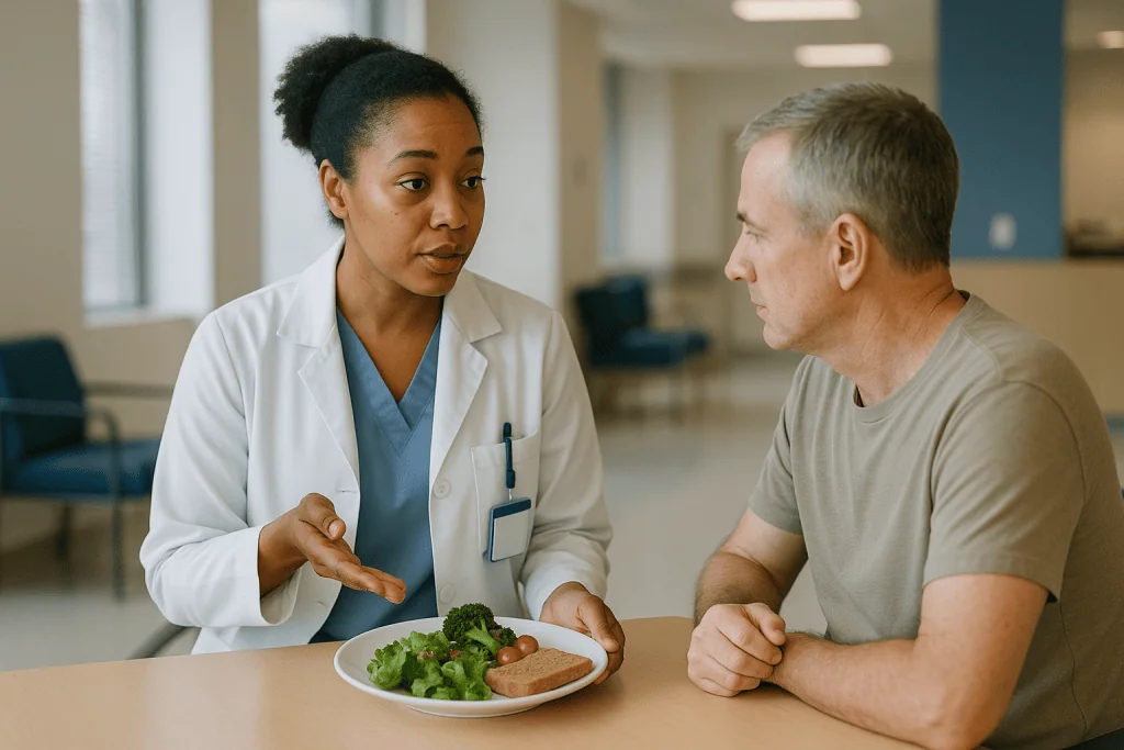 Doctor counseling patient about healthy eating and nutrition: What actually happens in your body when you stop smoking