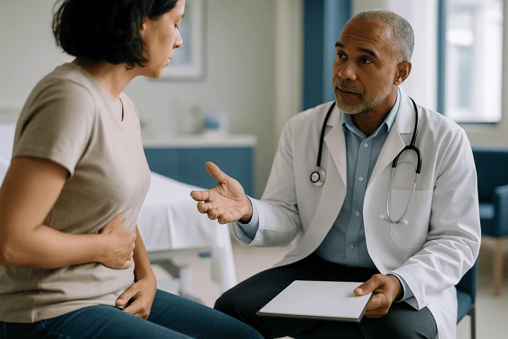 Doctor consulting patient in clinical office setting: What actually happens in your gut during a salmonella infection