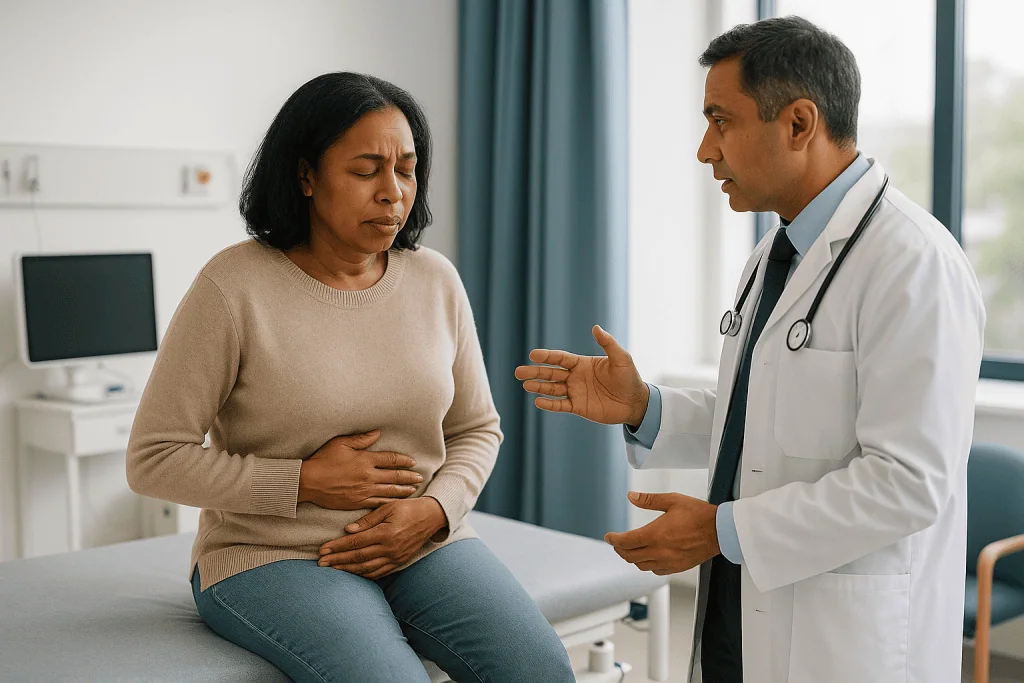 Doctor consulting with patient about abdominal pain: What actually happens in your gut during a stomach bug