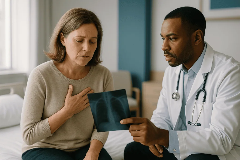 Doctor reviewing chest X-ray with adult patient: What actually happens in your lungs when pneumonia sets in