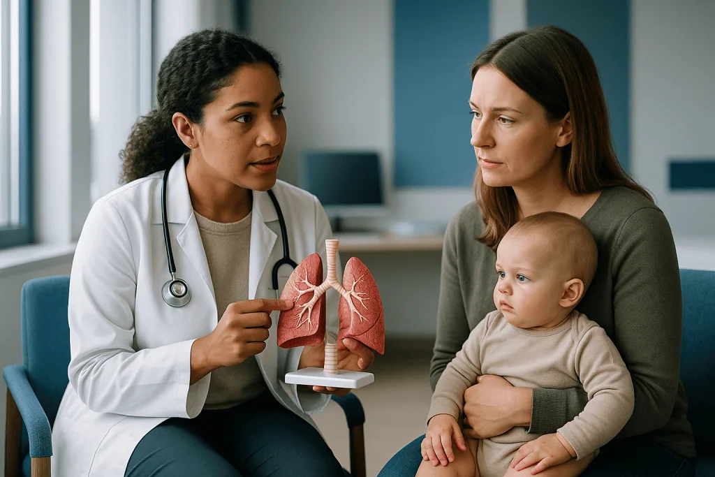 Pediatrician discussing lung model with mother and infant — What actually happens inside a baby's airways