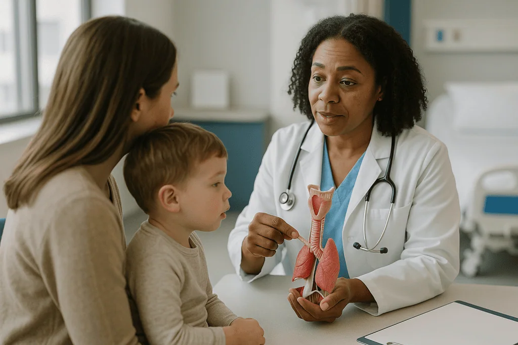 Pediatrician explaining respiratory anatomy to child and mother: What actually happens inside a child's airway during croup