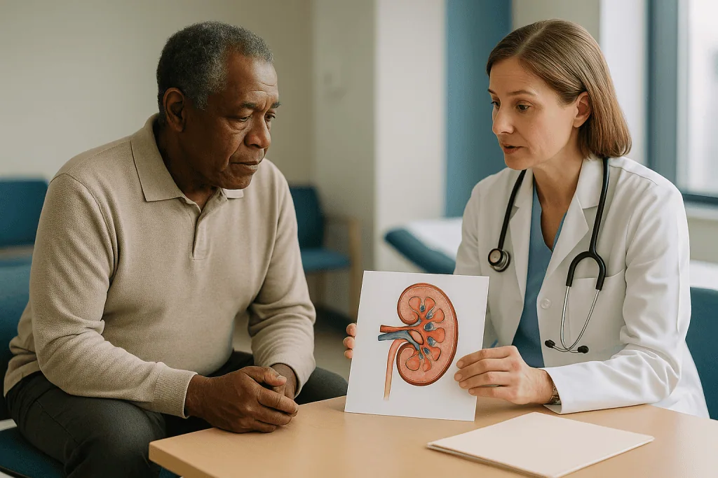 Doctor showing kidney anatomy diagram to senior patient: What actually happens inside a kidney with diabetic nephropathy?