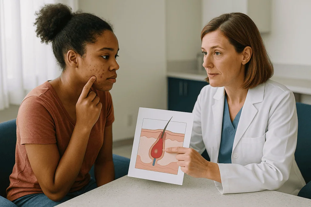 Doctor showing anatomical diagram to patient in consultation: What actually happens inside a pore when acne forms