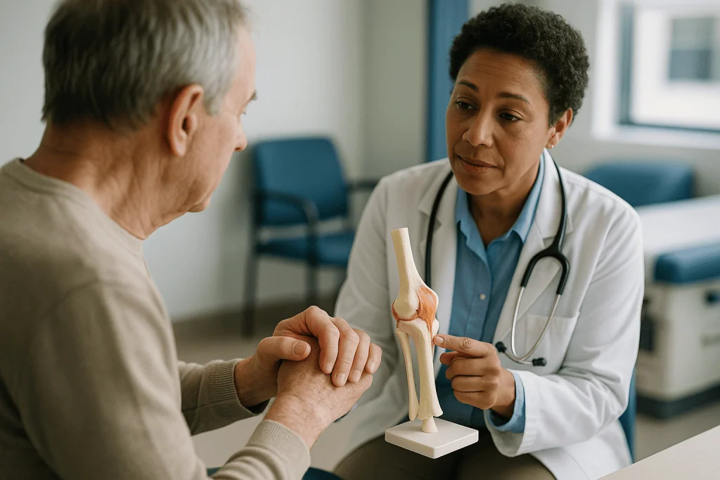 Doctor examining patient's hand joint with anatomical model: What actually happens inside a rheumatoid joint