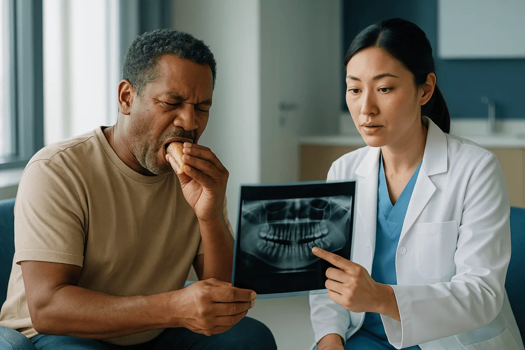 Dentist reviewing X-ray with patient eating: What actually happens inside a tooth when things go wrong