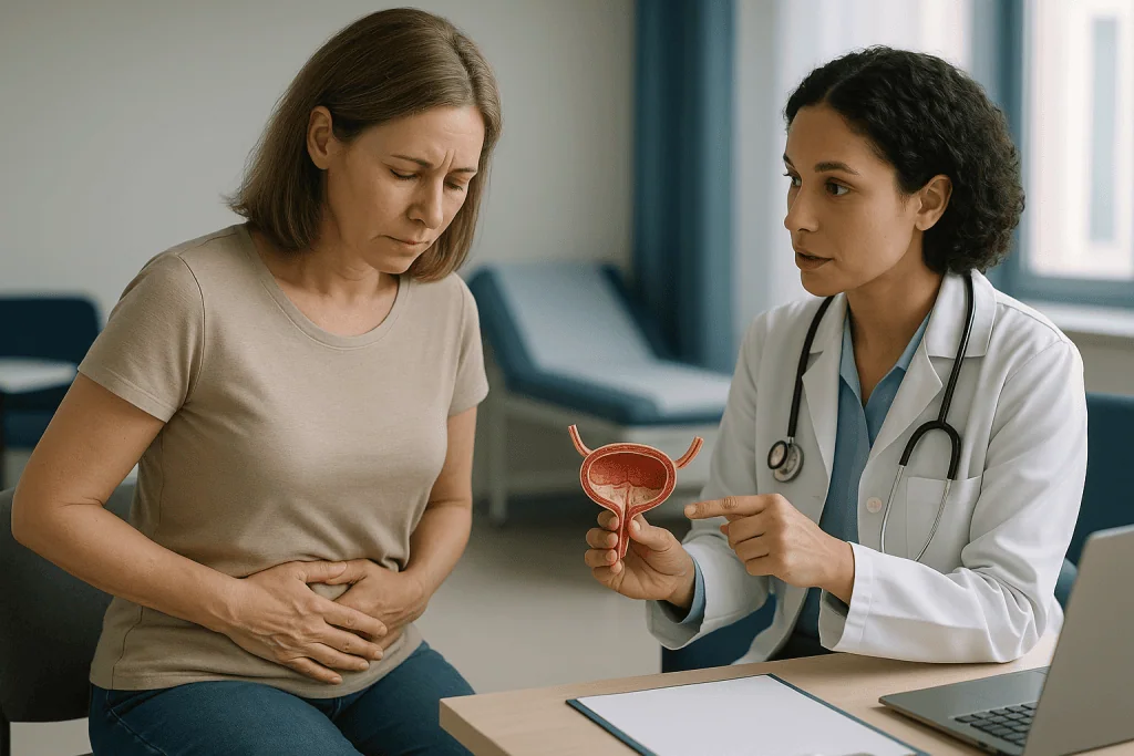 Doctor explaining bladder anatomy model to female patient: What actually happens inside an inflamed bladder