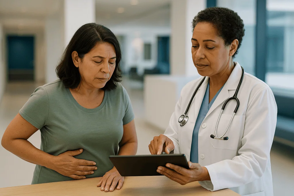 Doctor consulting patient with tablet in clinical setting: What actually happens inside the abdomen when bile leaks