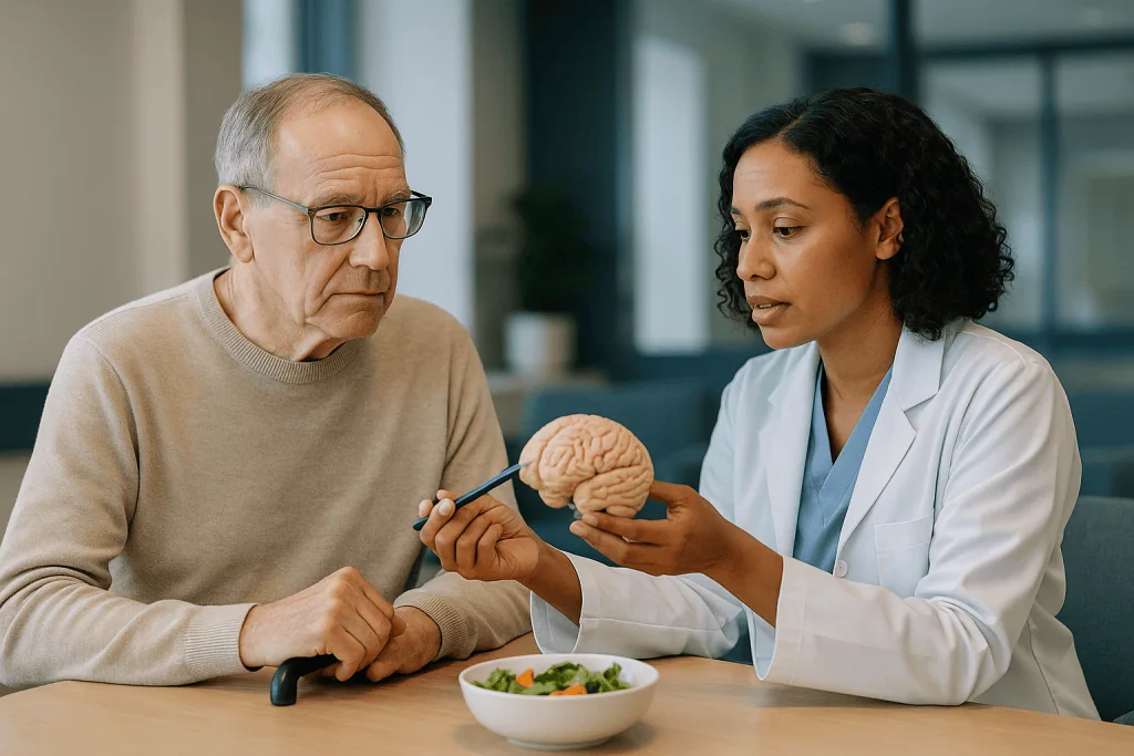 Doctor discussing brain health with elderly patient during consultation: What actually happens inside the brain and nerves?