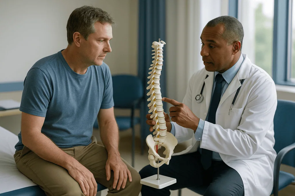Doctor explaining spinal anatomy model to adult patient: What actually happens inside the cord when a symptom changes
