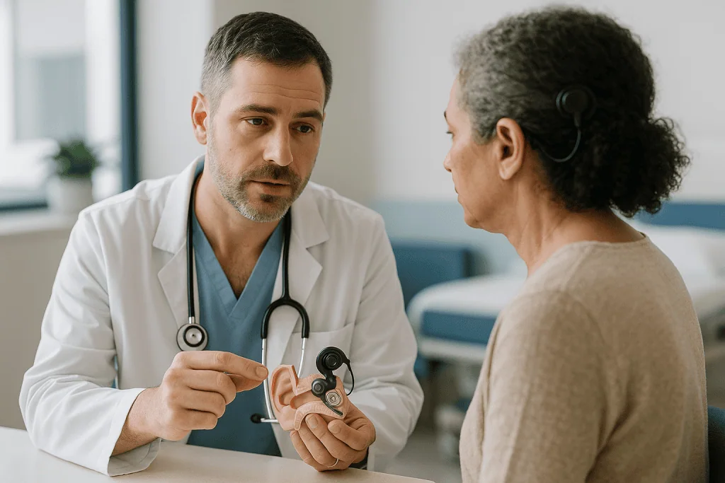 Doctor consulting patient about hearing aid device: What actually happens inside the ear: how a cochlear implant works