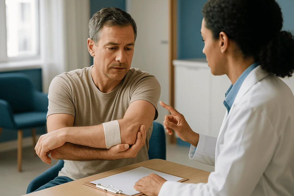 Doctor examining patient's bandaged elbow injury: What actually happens inside the elbow after surgery?