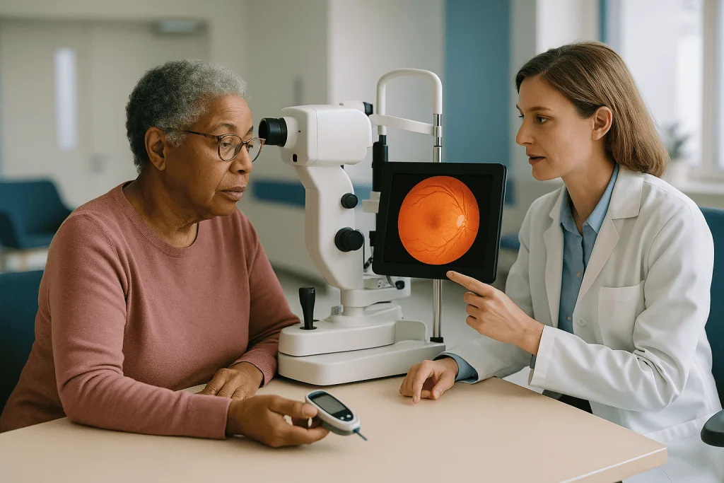 Ophthalmologist examining senior patient with retinal imaging device: What actually happens inside the eye when vision chang