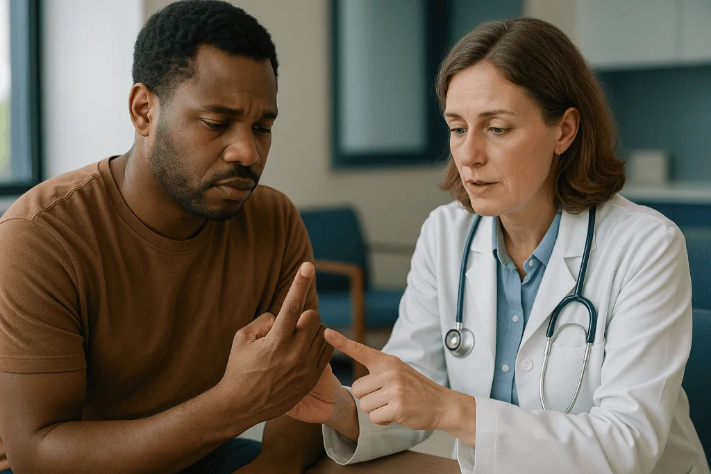 Doctor examining patient's hand during consultation: What actually happens inside the finger after the cut