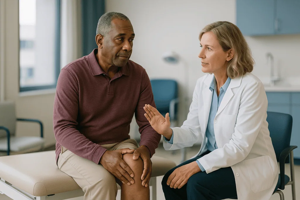 Doctor consulting with adult male patient in clinical setting: What actually happens inside the joint after an infection