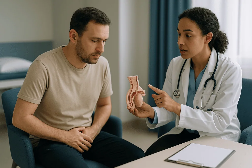 Doctor explaining anatomy model to male patient: What actually happens inside the testicle during orchitis