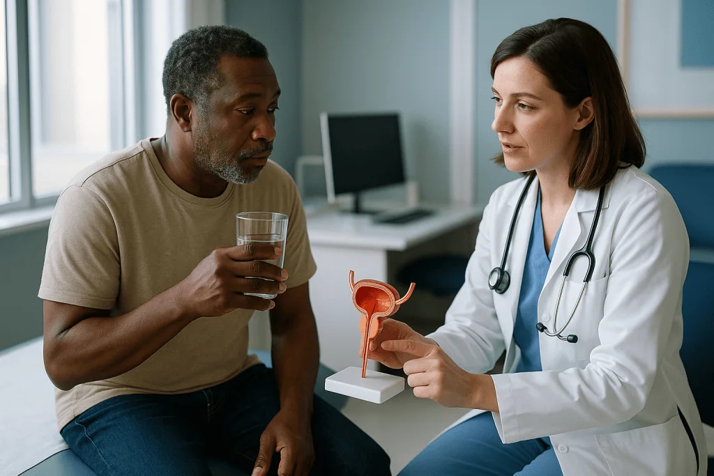 Doctor consulting patient with anatomical model of urinary system: What actually happens inside the urethra when scar re-for