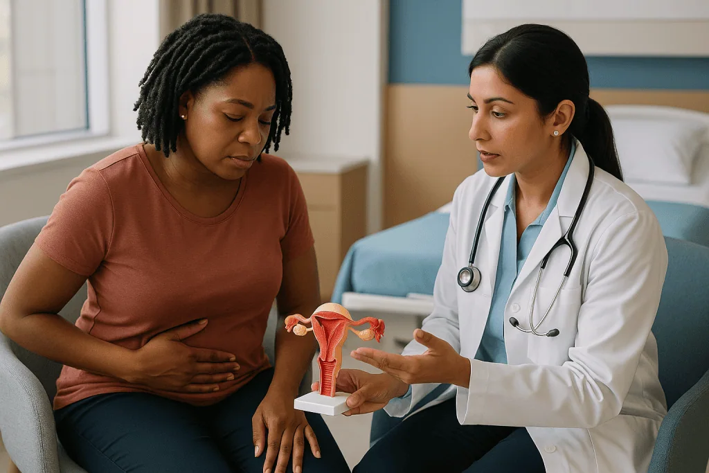 Doctor consulting patient about reproductive health using anatomical model: What actually happens inside the uterus when fib