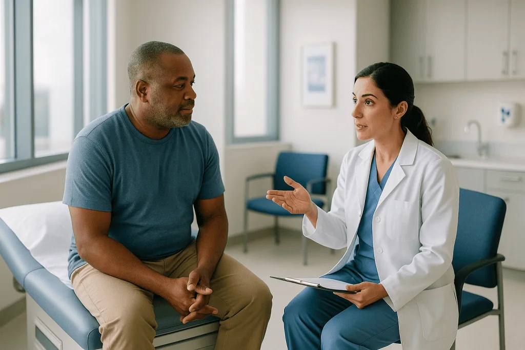 Doctor consulting with male patient in clinical setting: What actually happens on the day, for each procedure