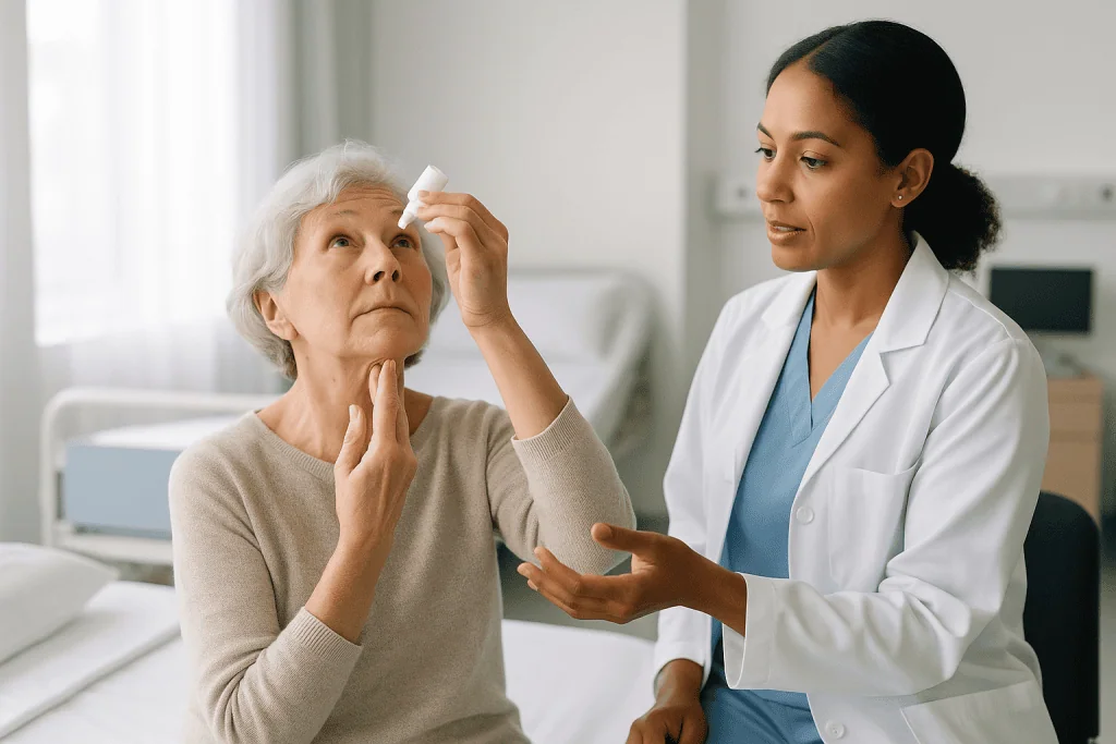 Doctor examining senior patient's eye with handheld device: What actually happens on the day of eye surgery