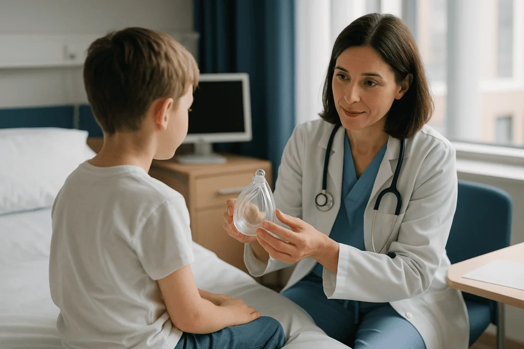 Doctor showing breathing mask to young boy in clinic: What actually happens on the day: the pathway in plain words