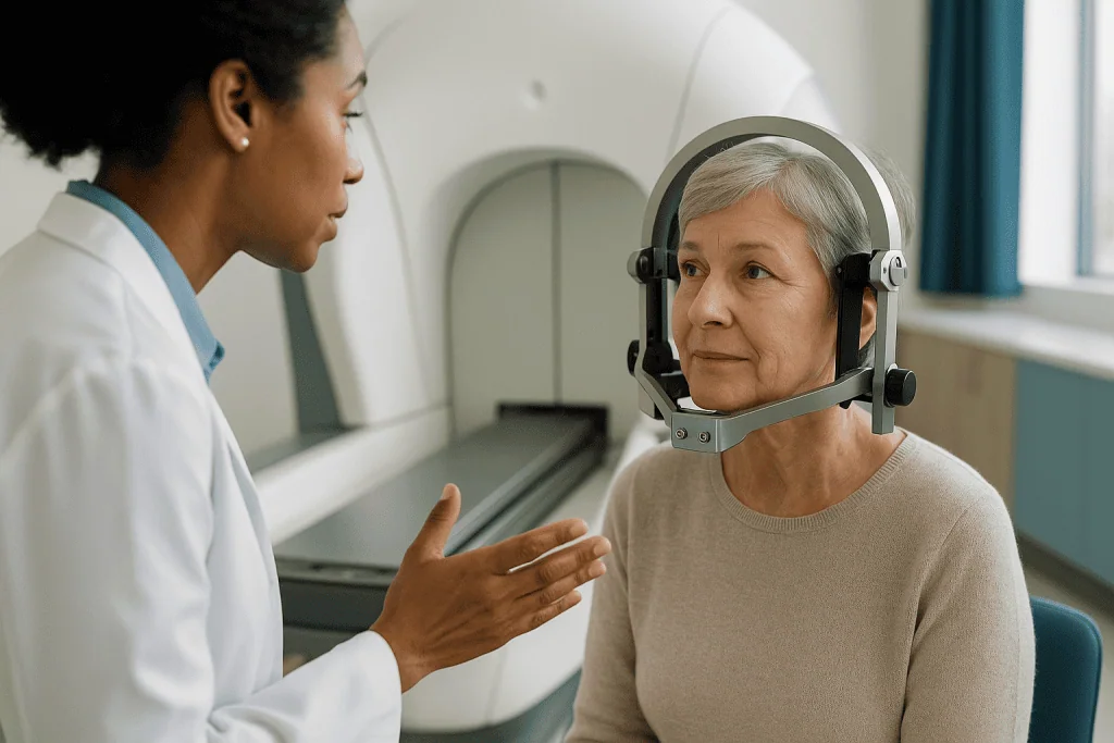 Healthcare provider consulting patient wearing audiometry headset: What actually happens on treatment day, step by step