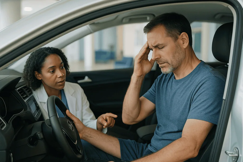 Man with headache sitting in car with woman: What actually happens to a driver during a vertigo attack