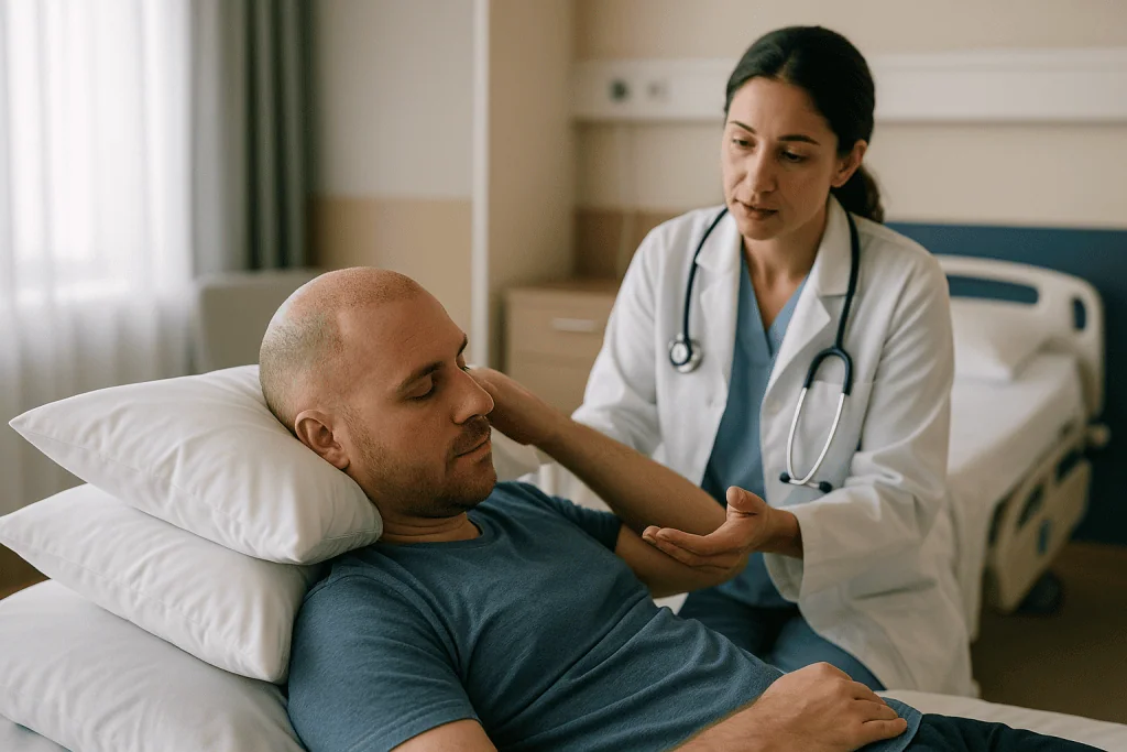 Doctor examining patient's arm in hospital room: What actually happens to a graft in the first nights
