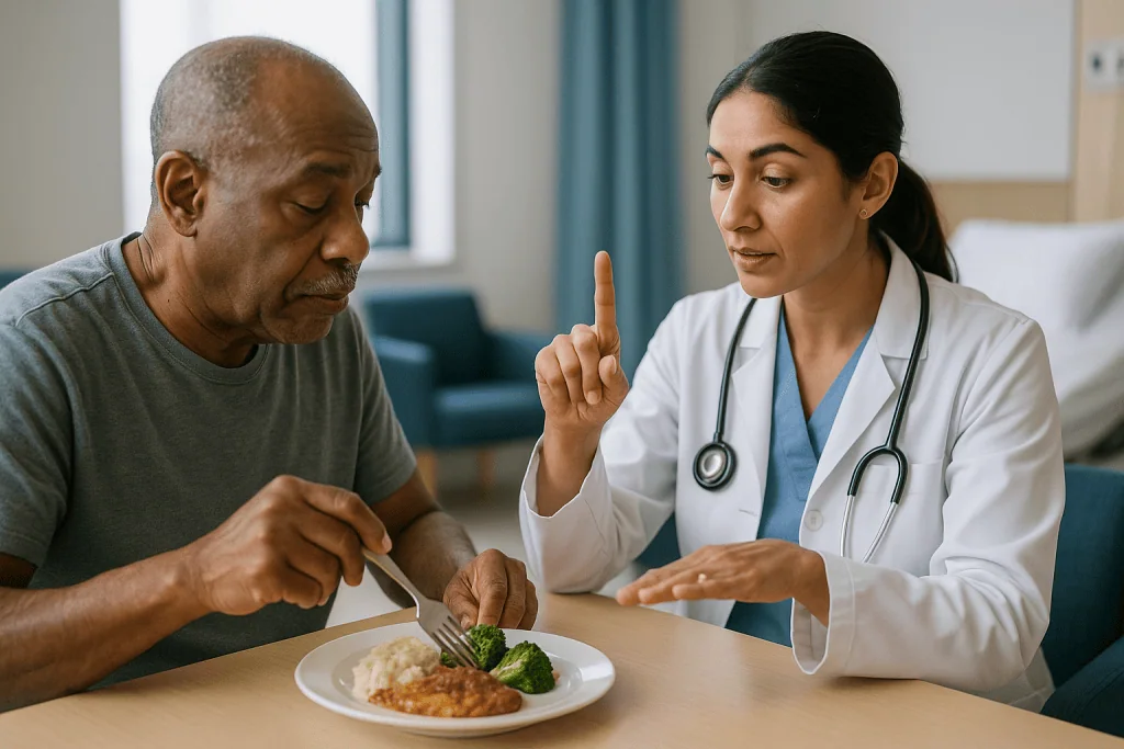 Doctor discussing nutrition and diet with patient: What actually happens to a motor neuron, and why "upper" and "lower" matt