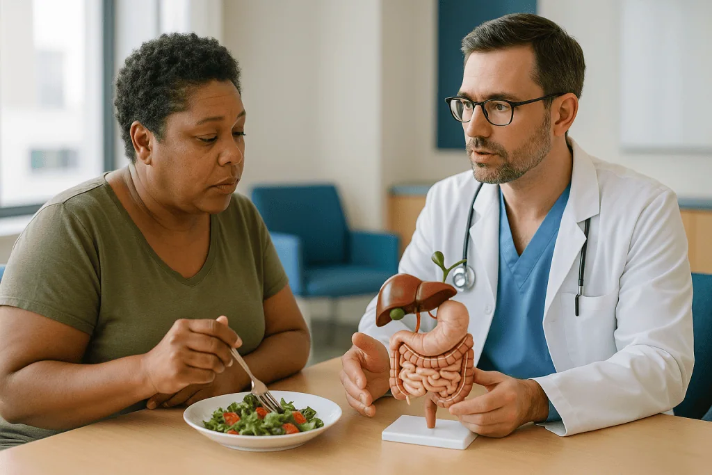 Doctor explaining digestive anatomy model to patient: What actually happens to bile once the gallbladder is gone