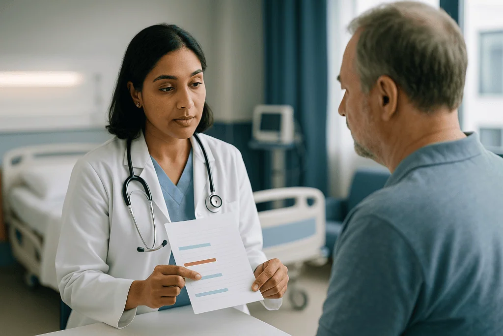 Doctor consulting patient with chart in hospital room: What actually happens to blood chemistry in diabetic ketoacidosis?
