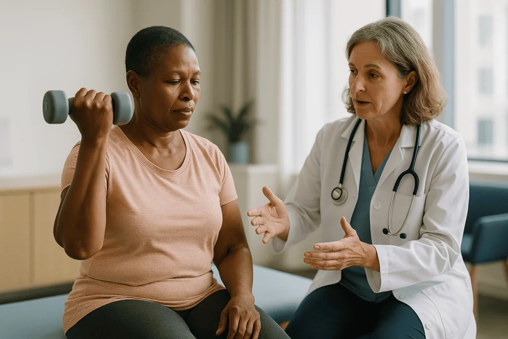 Doctor consulting patient during dumbbell exercise session: What actually happens to bone and muscle when hormones are block