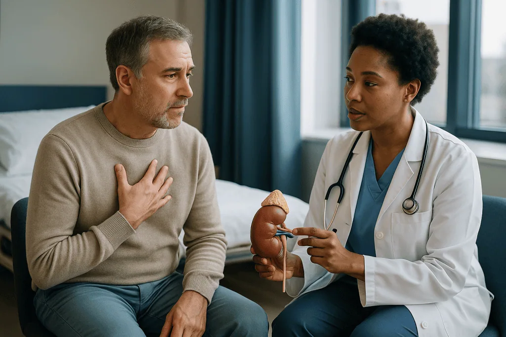 Doctor consulting patient about kidney anatomy model: What actually happens to cortisol during surgery or infection?