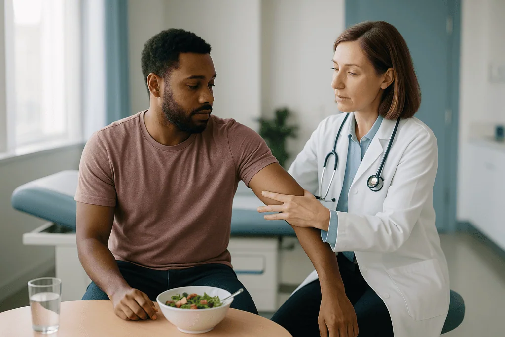 Doctor consulting patient about diet with salad bowl: What actually happens to nerves and vessels when a shoulder dislocates
