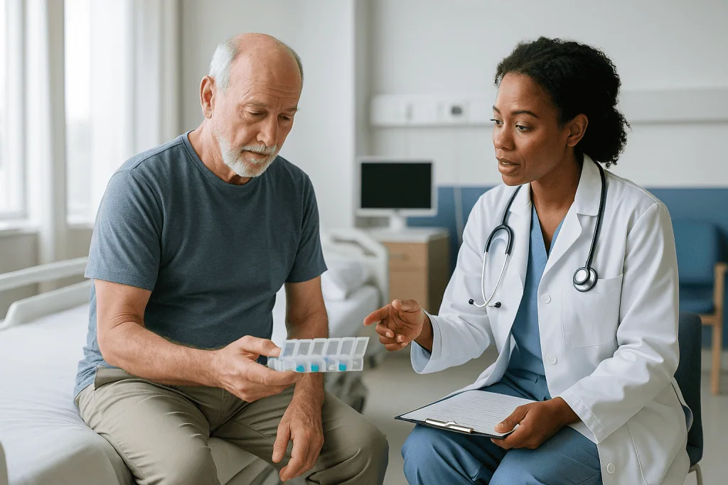 Doctor consulting male patient about medication in clinic: What actually happens to PSA after prostatectomy, week by week