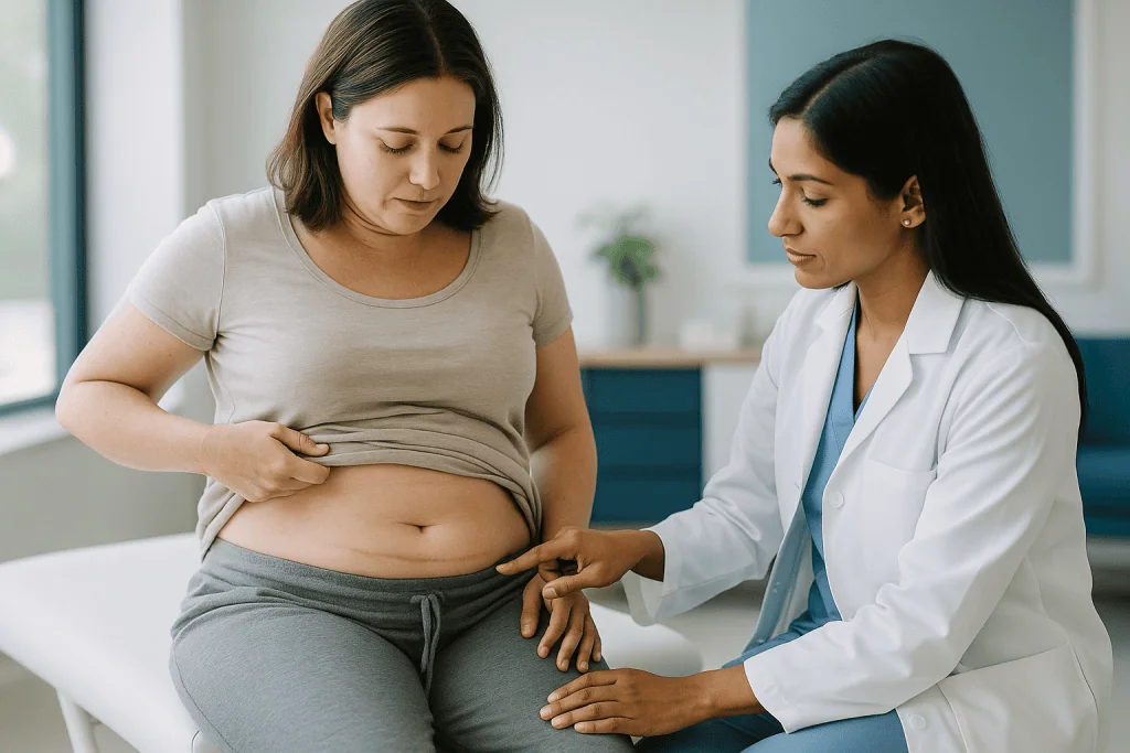 Doctor examining pregnant woman's abdomen during consultation: What actually happens to the old scar during a tummy tuck