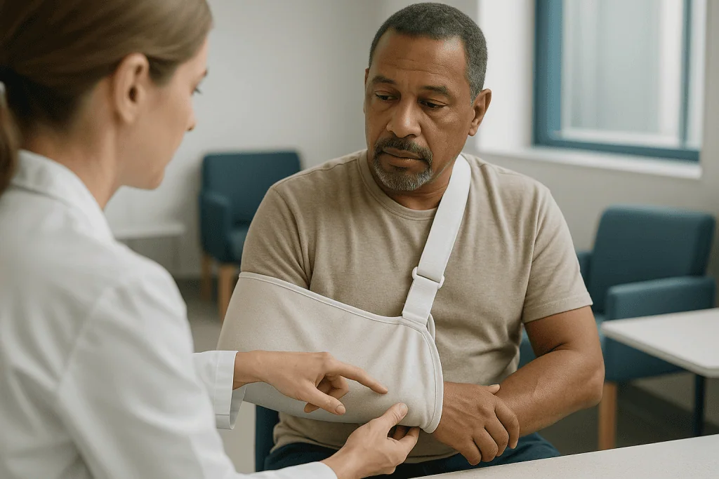 Healthcare professional examining patient's arm sling injury: What actually happens to your arm during and after upper limb 