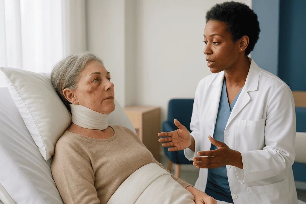 Doctor consulting elderly patient with neck brace in hospital: What actually happens under the skin after a facelift or neck