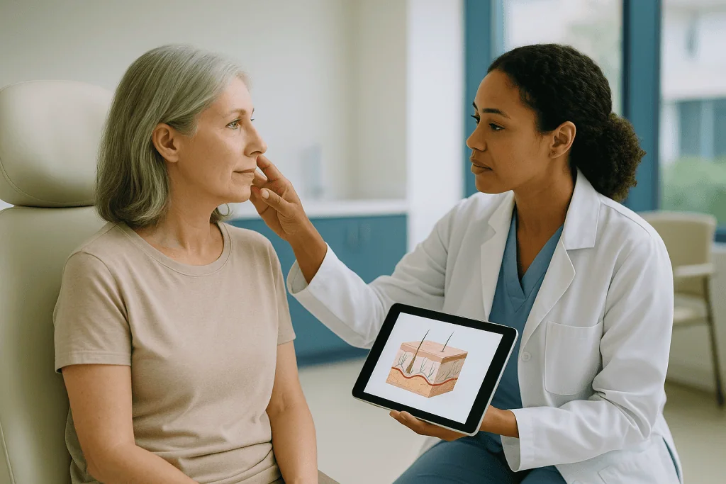 Doctor consulting patient about facial skin treatment diagram: What actually happens under the skin during non-surgical reju