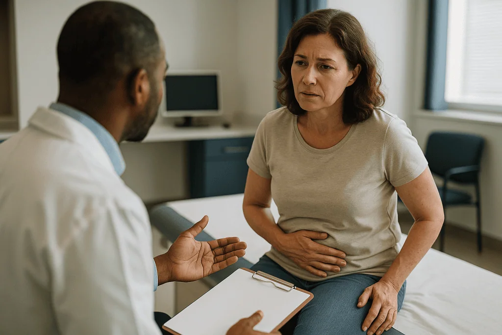 Doctor consulting with adult female patient about abdominal symptoms: What actually happens when a bladder infection takes h