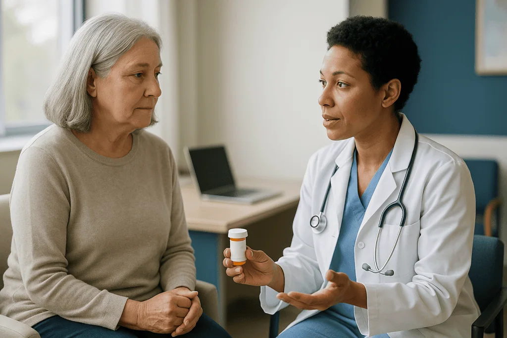 Doctor consulting elderly patient about medication bottle: What actually happens when a clinician chooses your UTI antibioti
