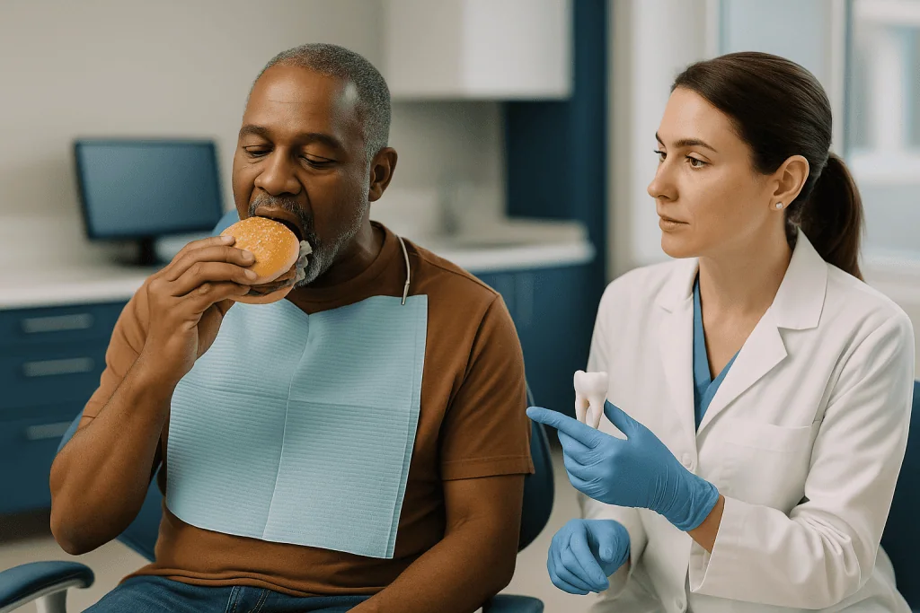 Dentist showing tooth model to patient eating burger: What actually happens when a crown is placed on a tooth that grinds