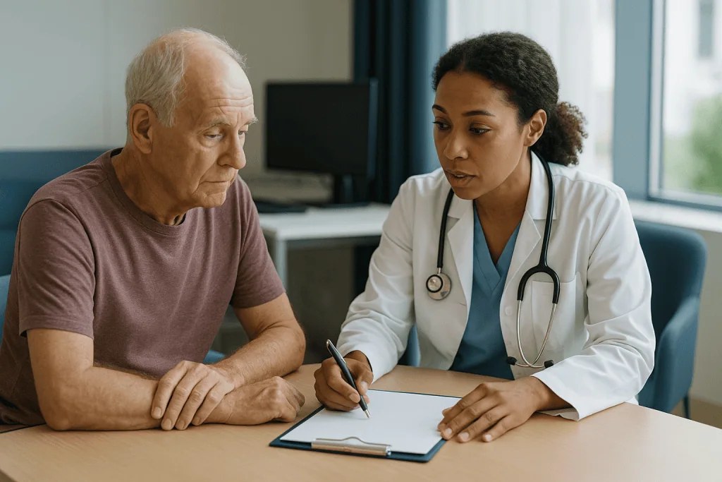 Doctor consulting with older male patient at desk: What actually happens when a multidisciplinary team plans your treatment