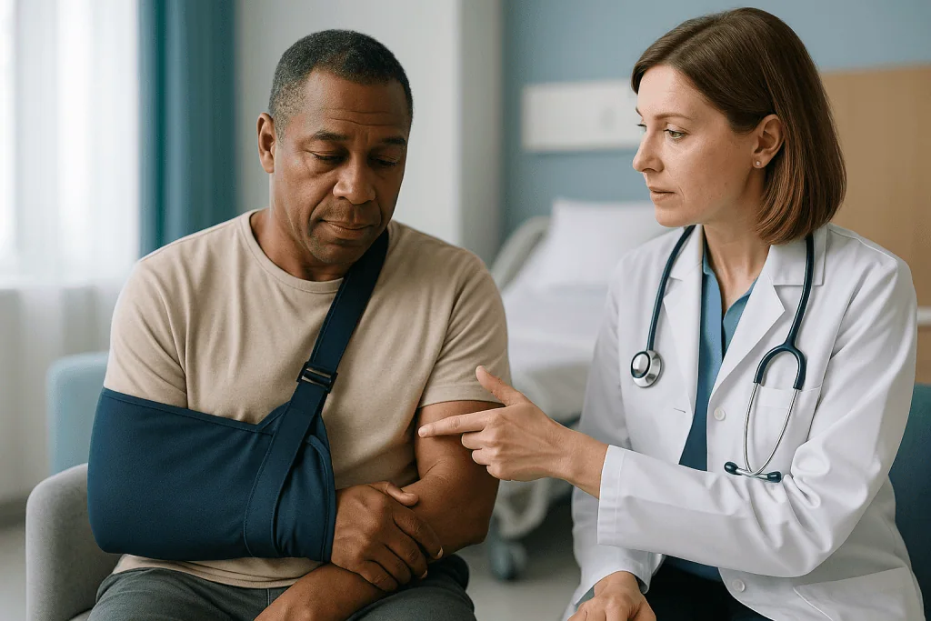 Doctor examining patient's arm in sling — What actually happens when a shoulder dislocates